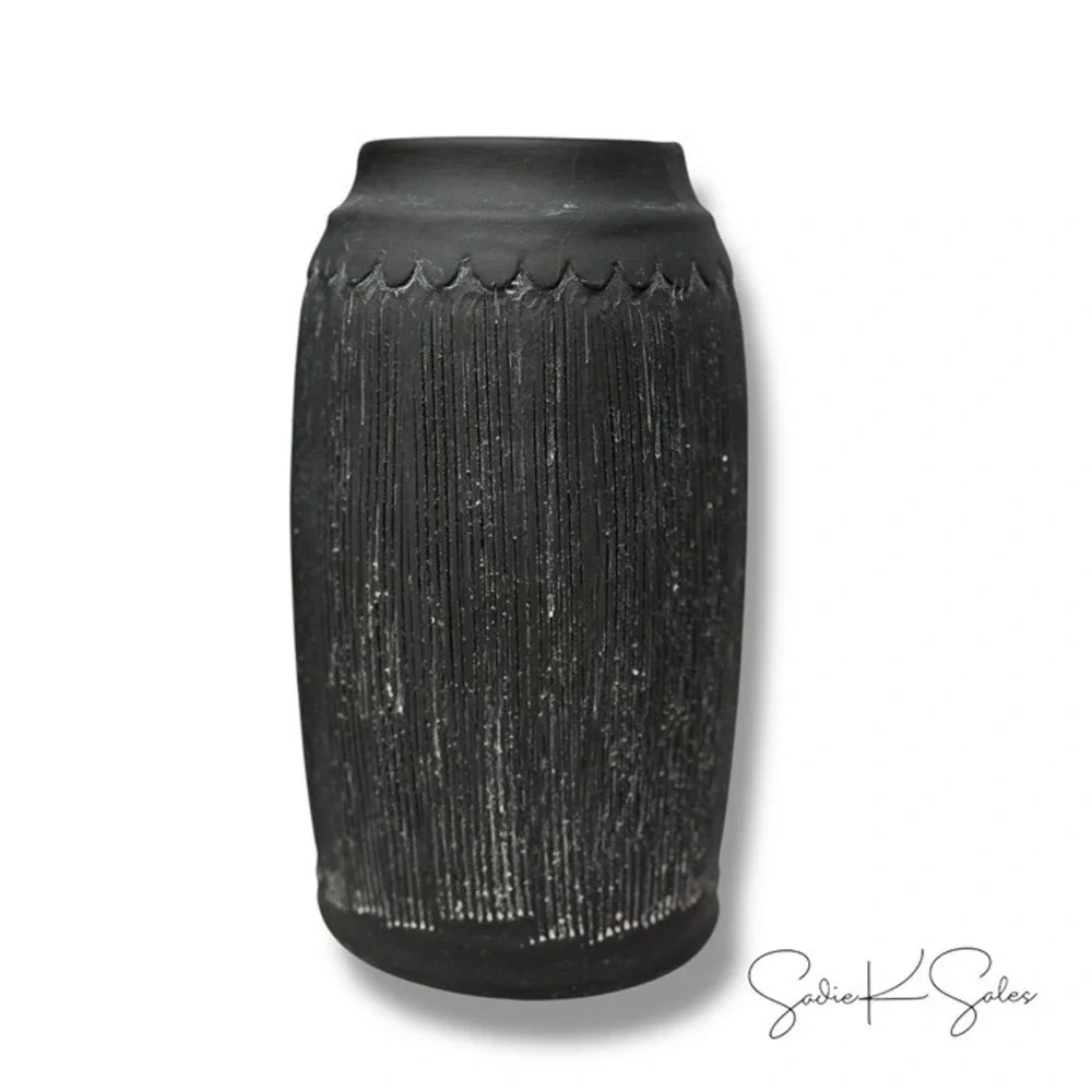 Magnolia Scalloped Black Vase -‎ Small - Distressed Finish, Ceramic
